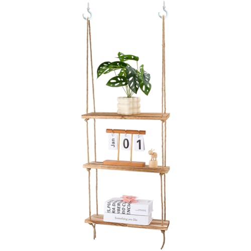 PH PandaHall Estantes de Pared Colgantes de Madera de 3 Niveles, Estilo Boho, Sin Taladro con Cuerda Macramé, Estantes Flotantes de Cocina para Plantas, Decoración para Dormitorio, Salón, Baño