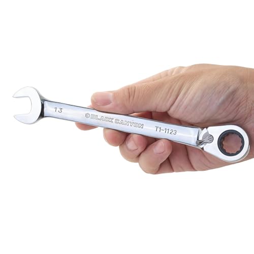 Image of BLACK CANYON 13 mm Ratchet Combination Wrench, 12-Point Box End & Hex Opening, Polished Steel Ratcheting Wrench with SAE & Metric Sizes