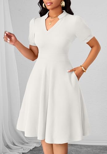 Womens Casual Summer Dresses Short Puff Sleeve V Neck A Line Wedding Guest Midi Dresses with Pockets2