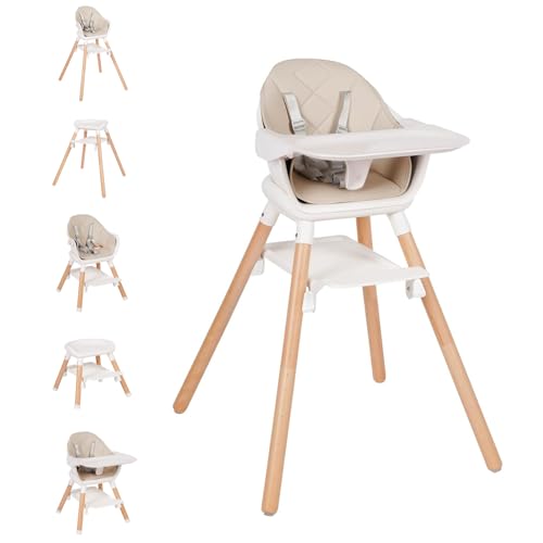 Image of Komcot High Chair, 6 in 1 Wooden Convertible High Chairs for Babies and Toddlers, Booster Seat with Double Tray & Reversible Footrest Baby Highchair, 5-Point Harness Baby Feeding Chair, Beige