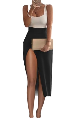 Skirts for Women Trendy High Slit Skirt Solid High Waisted Ruched Split Thigh Bodycon Midi Skirt