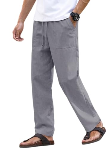 Image of Linen Pant for man | Loose Fit Trouser for Men | Elastic Waist with Drawstring | Perfect for Casual Wear | Lightweight Breathable Fabric | Straight Fit & Side Pocket