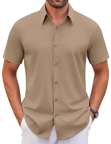 COOFANDY Mens Short Sleeve Shirts Casual Dress Shirts Stretch Summer Button Up Shirts Khaki