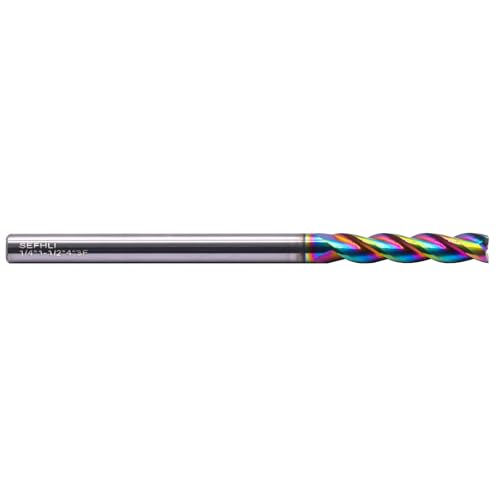 Image of 1 /4 inch 3 Flute Solid Carbide Long End Mill, 3 inch Overall Length, DLC Coated | 37 Helix, 1 /4 inch Cutting Dia, 1 /4 inch Shank Dia, 1-1 /8 inch Length of Cut for Milling Aluminum and Copper, Square End