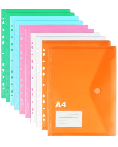 Acual Carpetas Plástico 10 Piezas A4 con 11 Agujeros,5 Colores,Fundas Multitaladro para 2/3/4 Anillas, Carpetas Archivadoras con Cierre de Bolsillo para Etiquetas,para Oficina,Escuela y Hogar