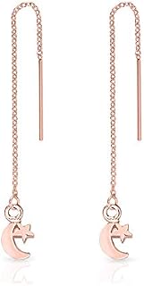 DTPsilver® SMALL 925 Sterling Silver, Yellow or Rose Gold Plated Pull Through/Thread Style Drop Chain Earrings with Crescent Moon and Star - Length: 75 mm - Star Dimension: 6 x 10 mm