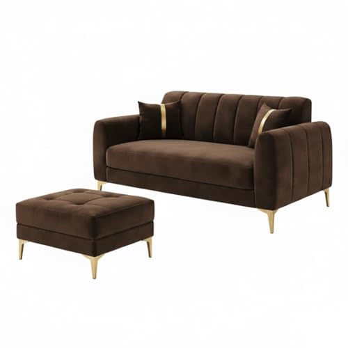 Image of Hermione Luxe Velvet-Suede Fabric 2 Seater Sofa Set with Ottoman | Golden Legs | Comfortable Seating | Modern Sofa for Living Room - Dark Brown