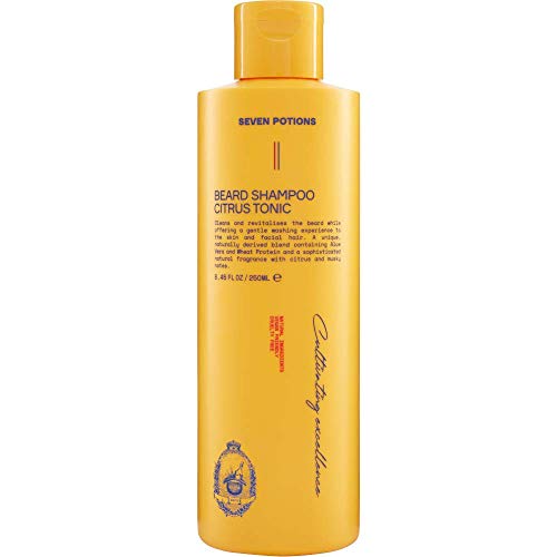 Seven Potions Champú para barba para hombres, lavado suave y limpiador para una barba limpia sin picazón en la barba, natural, vegano, libre de crueldad, tónico cítrico (250 ml)