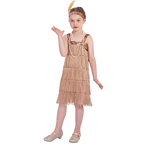 Rabtero Enfants rugissant 20S Fantaisie Robe costume, fille collier de perles et de plumes bandeau robe à Rabat, fille gangster robe à Rabat, or, XL 10-12