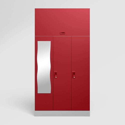 Image of Interio by Godrej Almirah Slimline 3-Door Steel Almirah, Cupboard for Clothes (Royal Ivory and Baked Apple), 1-Year Warranty, 6 Shelves, 1 Locker, 2 Drawers, Overhead Unit, Curvilinear Mirror