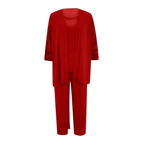 3 Pieces Mother of The Bride Pant Suits for Women Dressy Lace Patchwork Top Cardigan Wedding Formal Outfit with Jackets4