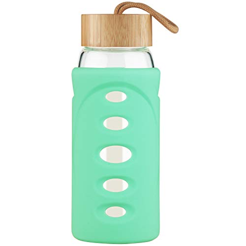Justfwater Botella de Agua de Borosilicato de 750ml, Botella de Agua de Vidrio con Funda de Silicona y Tapa de Bambú