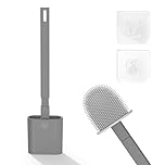 Toilet Brush, 1 Pack Bathroom Silicone Toilet Brushes and Holder Sets with No-Slip Long Plastic Handle and Soft Flexible Bristles, Toilet Brushes with holders and Base for Anti-drip (Grey)