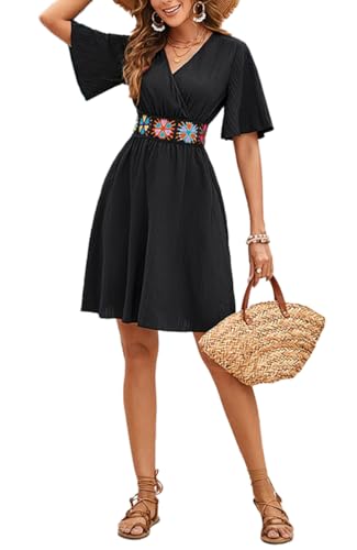 2025 Casual Short Summer Bohemian Dresses for Women Casual Flowy Puff Sleeve Knee Length Midi Sun Dress2