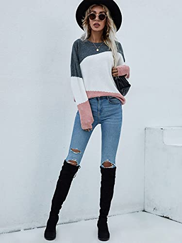 Image of ECOWISH Women Sweater Long Sleeve Color Block Knit Pullover Sweaters Crew Neck Patchwork Casual Loose Jumper Tops