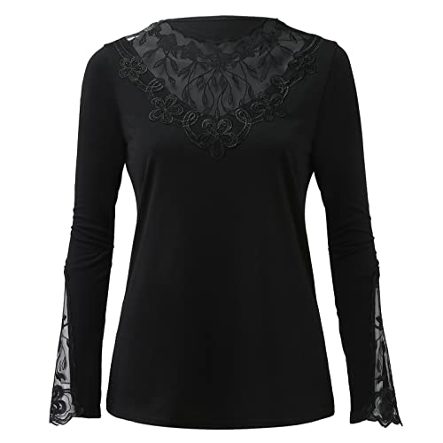 Blusa feminina fashion casual sexy de renda com costura de malha e decote em V manga comprida top el