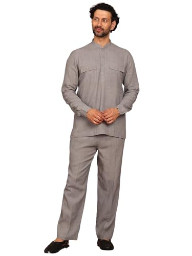 Image of See Designs Men's Full Sleeve Mandarin Collar Linen Solid Pathani Set