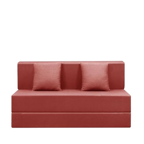 Image of Two Seater Foldable Sofa Cum Bed for Home | Jute Fabric | Washable Cover with Two Cushions | 4x6 ft | Red Color | Perfect for Home, Office & Guest Room