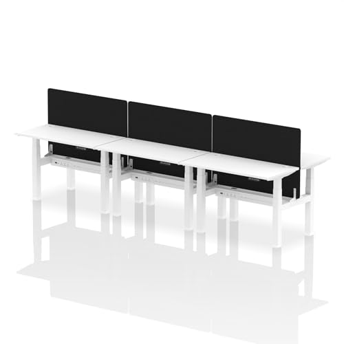 Image of Air Back-to-Back 1200 x 600mm Height Adjustable 6 Person Office Bench Desk White Top with Cable Ports White Frame with Black Straight Screen