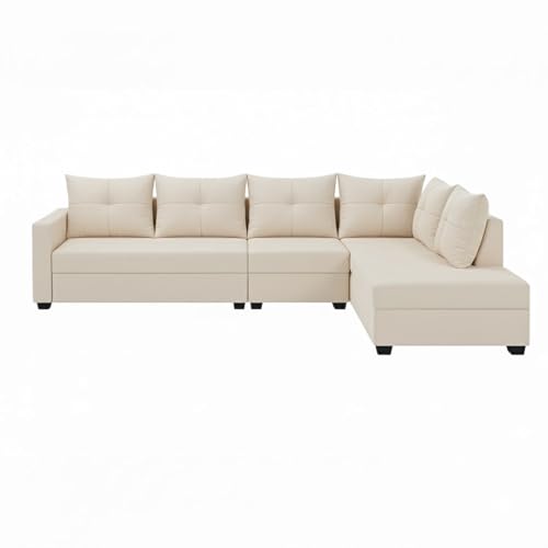 Image of SOCOZI Oriana 6 Seater RHS L Shape Sofa Set | Soft Velvet Suede Fabric | Modern Design | Plush Comfort Cushions for Living Room-Cream