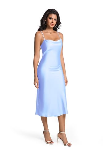 Women's Spaghetti Strap Midi Satin Slik Dress Cowl Neck Long Slip Ruched Evening Dress Party Cocktail4