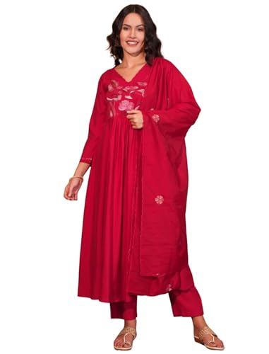 Kurta Anarkali rouge en soie Chanderi Naixa - Ensemble pantalon et dupatta brodé taille S