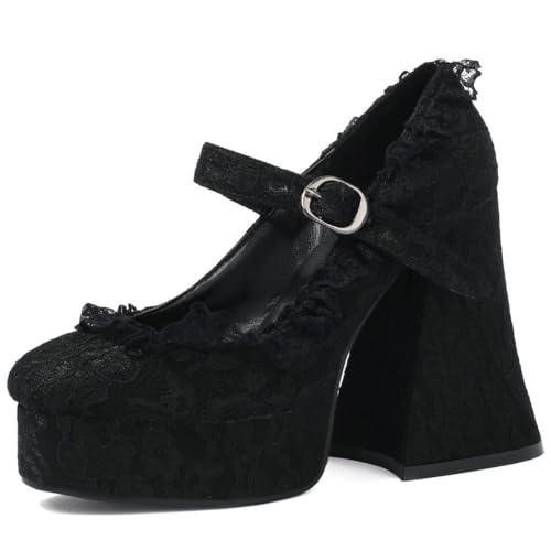 KOKOMOMO Women's Lace Flower Goth Platform Shoes Chunky High Heel Mary Jane Gothic Heels, Size 8 Black