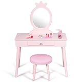 COSTWAY Tocador de Maquillaje con Taburete y Espejo para Niña de Madera 70x34x100 centímetros Mesa de Belleza con Cajón (Rosa)