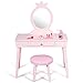 Costzon Kids Vanity Set, Wooden Princess Makeup Table with Cushioned Stool, Large Drawer, Solid Wooden Legs and Crown Mirror, Pretend Beauty Make Up Dressing Play Set for Girls Best Gift (Pink)