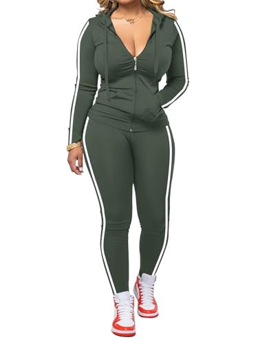 Hakubeby Women 2 Piece Outfits Casual Workout Sets Striped Bodycon Tracksuit Zip Up Long Sleeve Hoodle Jacket Jogger Pant Set Army Green S
