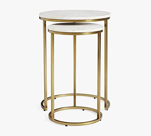 Image of Brown Arts Shoppee Round Nesting Tables Simple Modern Small Round Table MDF Top Metal Table Living Room Sofa Set of 2 (Golden & White)