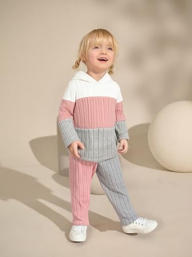 Image of Toddler Kid Girls Clothes Ribbed Color Block Long Sleeve Hoodie Sweatsuit Set Fall Outfits