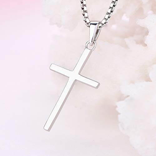 YL Womens Plain Cross Necklace 5A+ Birthstone, Solid 925 Sterling Silver 18K White Gold Plated Pendant Crucifix Jewelry Christmas Gifts Adjustable Box Chain 18"+1.2"4