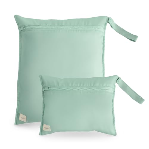Image of mushie Water Resistant Wet Bags | Large & Small Reusable Storage Bag for Baby Items and Travel | Zippered Pockets with Handle | Machine Washable, Set of 2 (Roman Green)