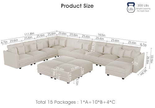 Image of LLappuil 14-Seat Modular Sectional Sofa with Storage, 163 inch Oversized U-Shaped Corduroy Couch with 10 Throw Pillows, Pet-Friendly Convertible Pit Sofa for Large Spaces, Skin-Friendly, Beige