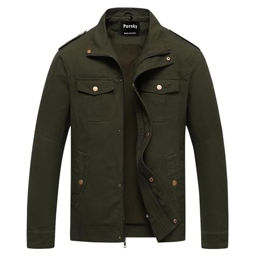 Pursky Men’s Military Jacket Casual Washed Cotton Hooded Canvas Coat Fall Coat