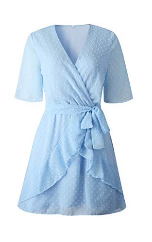 ECOWISH Women V Neck Short Sleeve Polka Dot Floral Pattern A-Line Tie Belt Short Dress with Ruffle Irregular Hem Light Blue X-Large