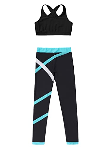 YEAHDOR Kids Girls 2 Pcs Sport Outfit Gymnastics Dance Athletic Outfits Sleeveless Crop Top with Leggings Set Dancewear Black 16 Years3
