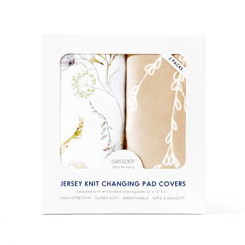 Image of GRSSDER Stretchy Ultra Soft Jersey Knit Changing Pad Cover Set 2 Pack, Stylish Breathable and Come with the Buckle Strap Holes, Universal Fitted Safe and Snug