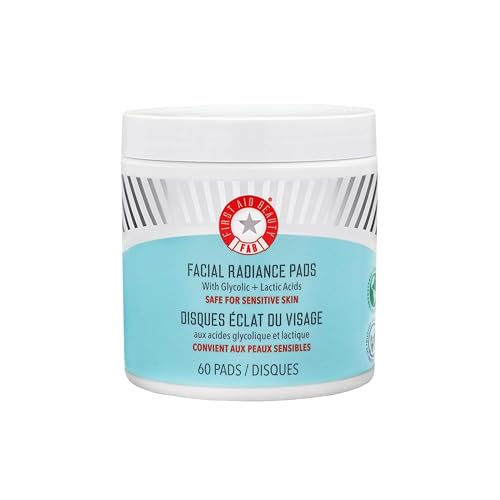 First Aid Beauty - Facial Radiance Pads with Glycolic & Lactic Acids, Daily Exfoliating pads with AHA that Help Tone & Brighten Skin, One-Step Makeup Prep, Compostable for Daily Use, 60 ct