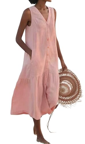 Image of chouyatou Women's Summer Sleeveless Button Down Cotton Tank Dress Loose A-Line Tiered Tunic Beach Dress