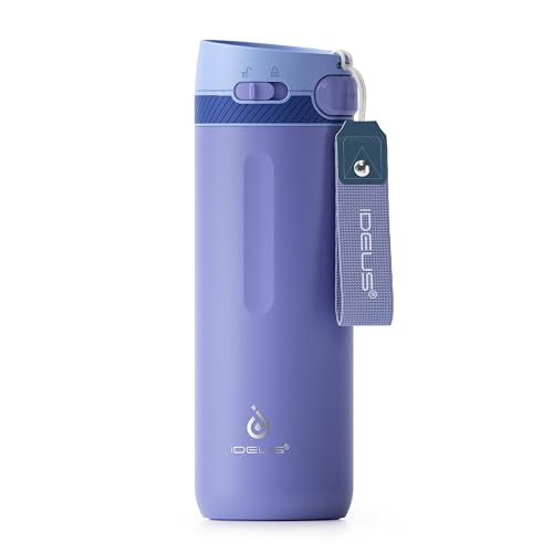IDEUS Insulated Stainless Steel Water Bottle 17 oz Push Button Lid & Leakproof Travel Mug for Hot/Cold Beverages Fits Most Cup Holder (Blue)