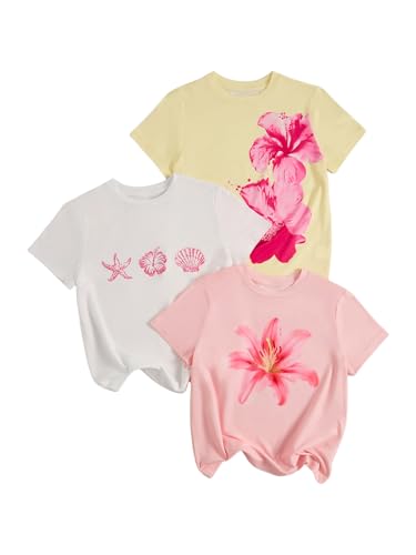 Image of RoseSeek Girl's Shirts 3 Packs Star Butterfly Graphic Tees Crew Neck Short Sleeve T Shirt Casual Tops