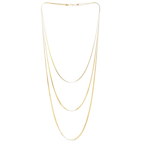 COOLSTEELANDBEYOND Flat Snake Chain Layered Necklace, 18K Gold-Plated Color Three-strand Waterfall Long Statement Necklace Draping