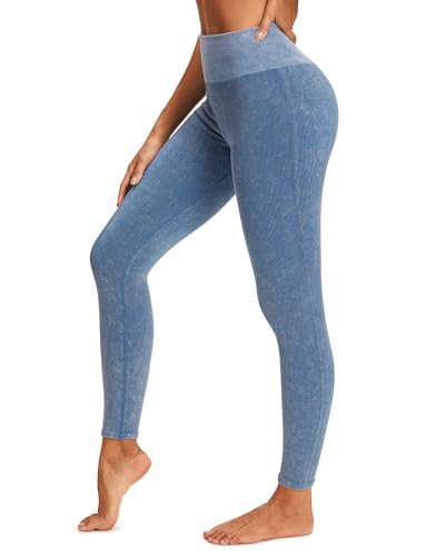 Stelle Workout Ribbed Seamless Leggings for Women High Waist Tummy Control Gym Leggings Athletic Yoga Pants(Pale Blue, M)