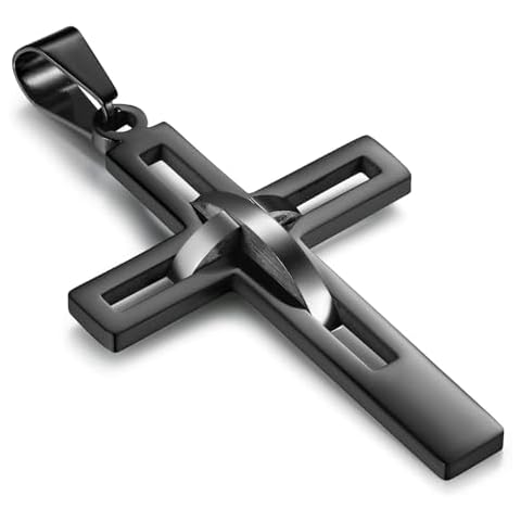 Flongo Men's Vintage Stainless Steel 2 Tone Hollowed Dual Cross Pendant Necklace, Black Silver, 22 inch Chain Cover