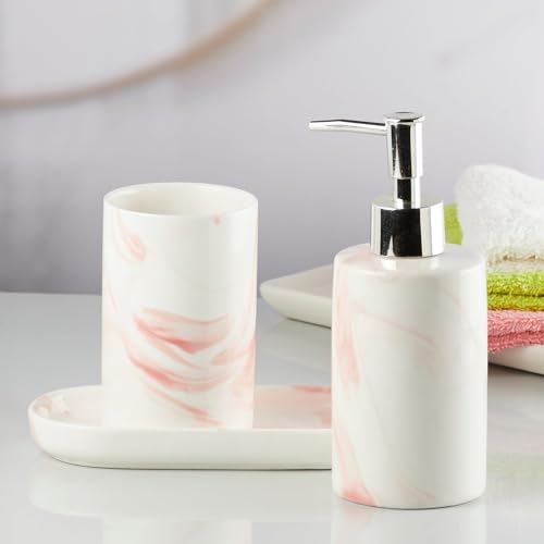 Image of SaSaSa Ceramic Bathroom Set of 3 Modern Bath Accessories Kit with Soap Dispenser, Toothbrush Holder & Dish - Stylish & Elegant Bathroom Decor, White /Pink (7648)