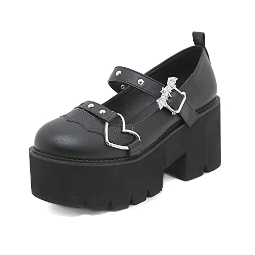 Tscoyuki Women's Platform Ankle Strap Chunky Heels Pumps, Cute Mary Jane Wedges Gothic Shoes