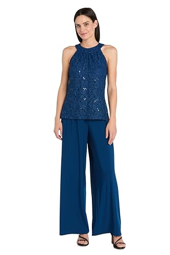 R&M Richards Women's Glitter Lace & Sequin Halter Jumpsuit W/Wide-Leg Pants - Sleeveless One-Piece Formal Evening Wear