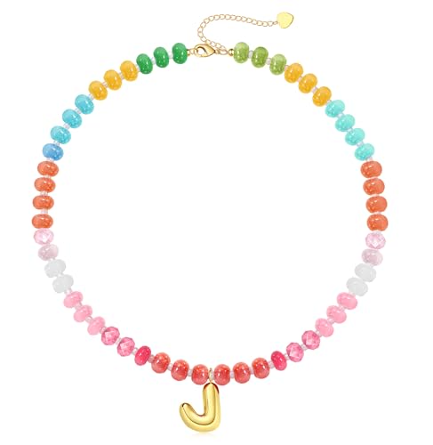 Initial Necklaces for Women, Beaded Necklaces for Women with Bubble Necklace Letter Stocking Stuffers for Teens Trendy Stuff Colorful Gemstone Choker 14k Gold Letter A-Z Pendant Summer Beach Christmas Birthday Jewelry for Her Girlfriend Sister